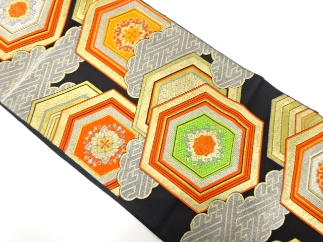 アンティーク　雲に重ね亀甲・華紋織り出し袋帯（着用可）